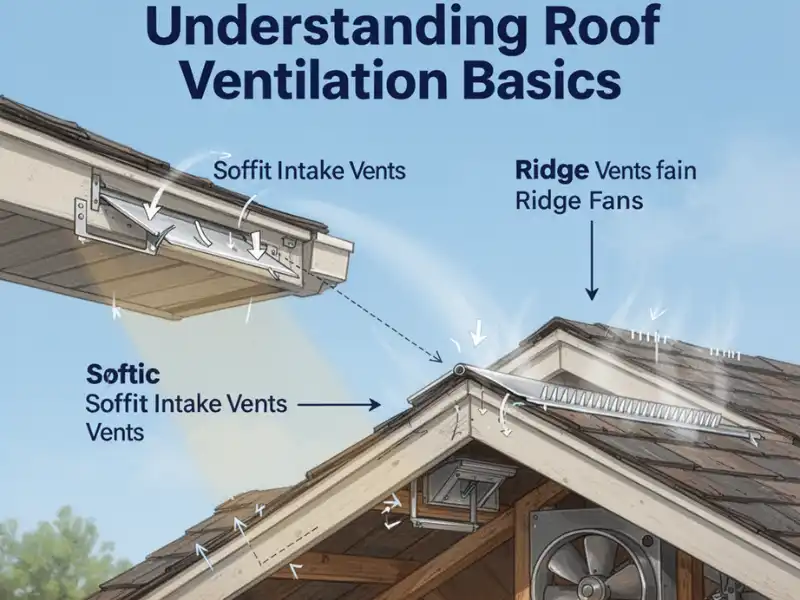Understanding Roof Ventilation Basics (soffit intake vents, ridge vents, attic fans)